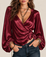 Satin Tie-Up Lantern Sleeve Top