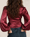 Satin Tie-Up Lantern Sleeve Top