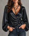 Satin Tie-Up Lantern Sleeve Top