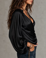 Satin Tie-Up Lantern Sleeve Top