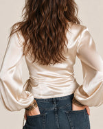 Satin Tie-Up Lantern Sleeve Top