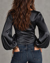 Satin Tie-Up Lantern Sleeve Top