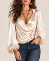 Satin Tie-Up Lantern Sleeve Top