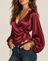 Satin Tie-Up Lantern Sleeve Top