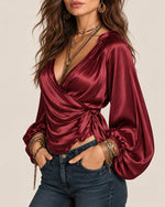 Satin Tie-Up Lantern Sleeve Top