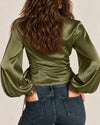 Satin Tie-Up Lantern Sleeve Top