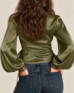 Satin Tie-Up Lantern Sleeve Top