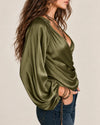 Satin Tie-Up Lantern Sleeve Top