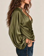 Satin Tie-Up Lantern Sleeve Top